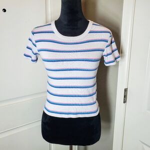 Forever 21 Ribbed White Multi-Color Striped Cropped Top Size Medium